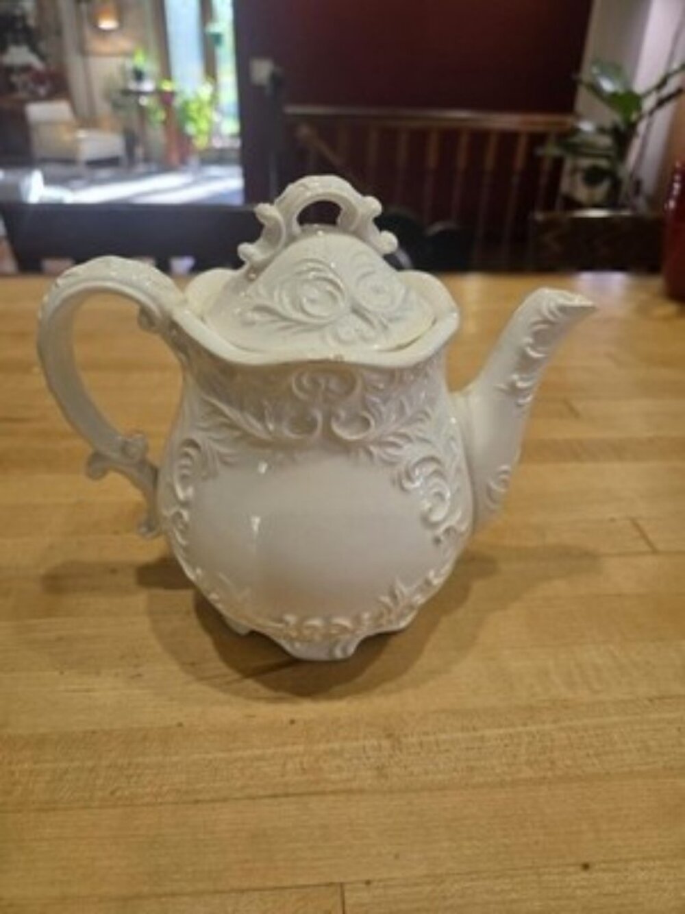 Napco White Provincial Scroll Ceramic Teapot Japan 1950s AS IS